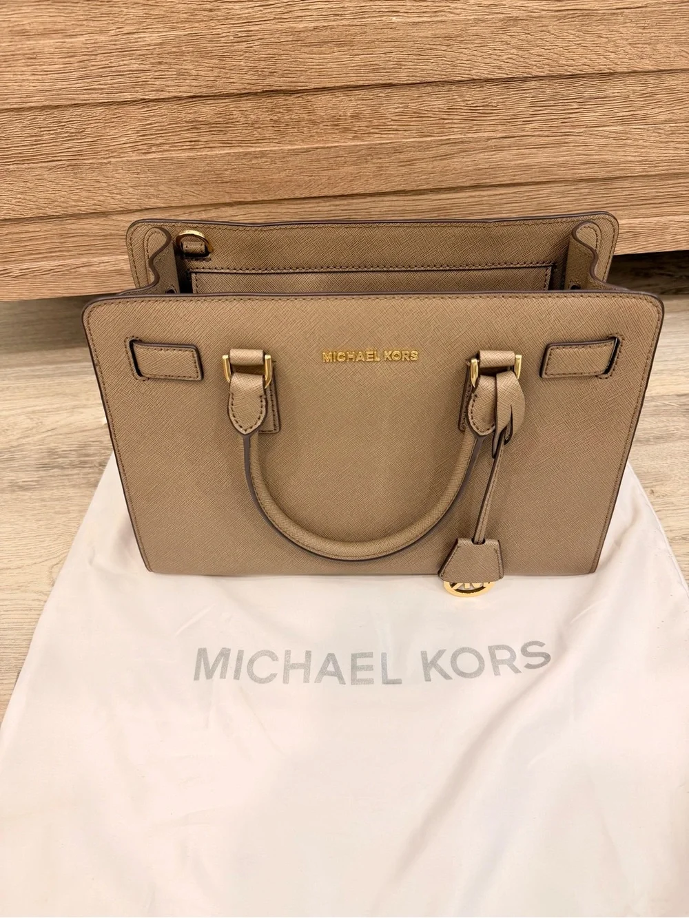 Michael Kors Taupe Saffiano Leather Satchel with Gold Hardware